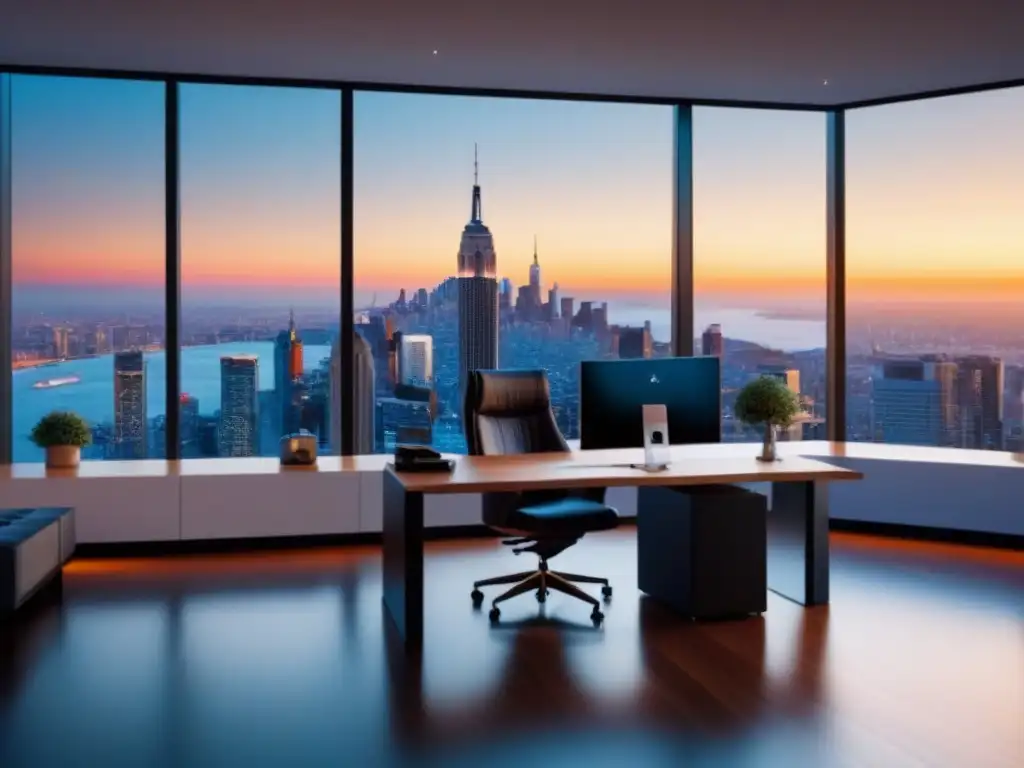 Oficina moderna de lujo con vista panorámica urbana al atardecer Oficina moderna de lujo con muebles elegantes, escritorio con ordenador y vista a la ciudad al atardecer
