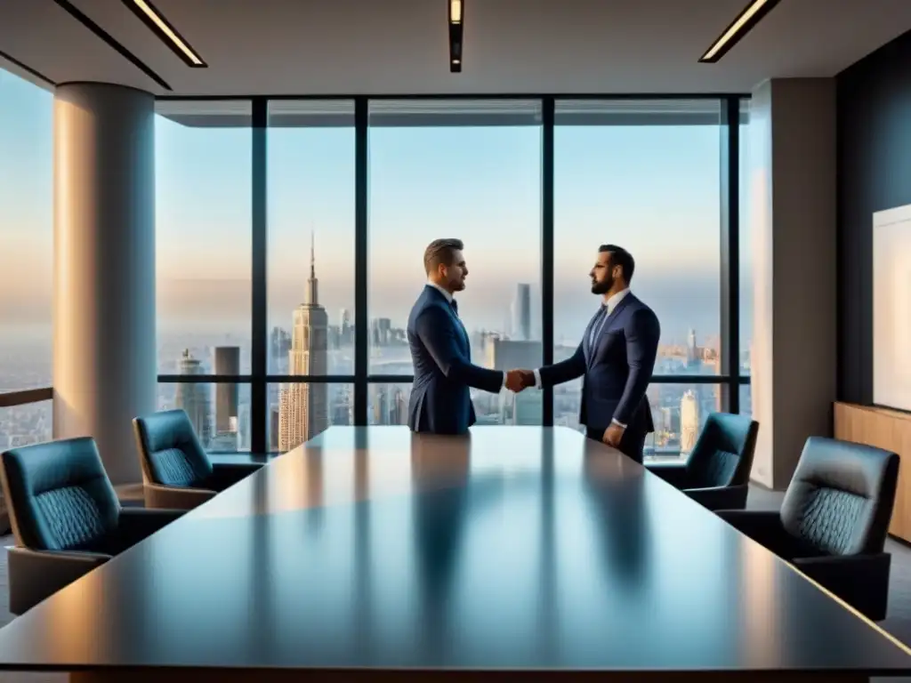 Asesor fiscal en oficina moderna con vista panorámica Una oficina moderna de lujo con muebles minimalistas, vista panorámica de la ciudad y asesor discutiendo estrategias fiscales con cliente