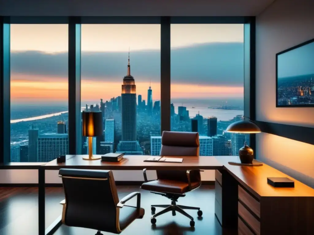 Oficina moderna de lujo con paredes de cristal, escritorio de madera, silla de cuero y ventana con vista urbana al atardecer, simbolizando protección legal en demandas inmobiliarias
