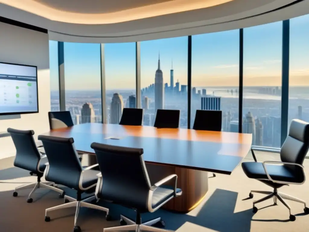 Oficina de lujo con sala de juntas para inversiones inmobiliarias Oficina moderna de lujo con sala de juntas para inversiones, equipo profesional diverso y pantalla de datos financieros