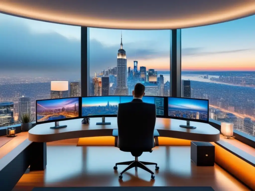 Oficina de lujo con tecnología de vanguardia y vista a la ciudad Oficina moderna de lujo con tecnología avanzada y vista a la ciudad, mostrando datos de mercado inmobiliario