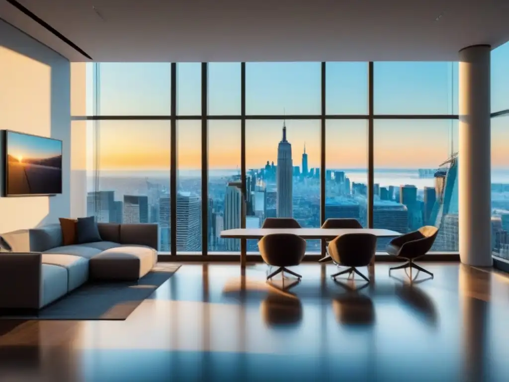 Edificio de oficinas de lujo en la ciudad: inversión inmobiliaria comercial Una oficina moderna de lujo con ventanales de piso a techo reflejando el vibrante horizonte urbano, mostrando un elegante vestíbulo con arte contemporáneo y mobiliario sofisticado, enmarcado por profesionales ocupados en discusiones y reuniones, simbolizando el entorno