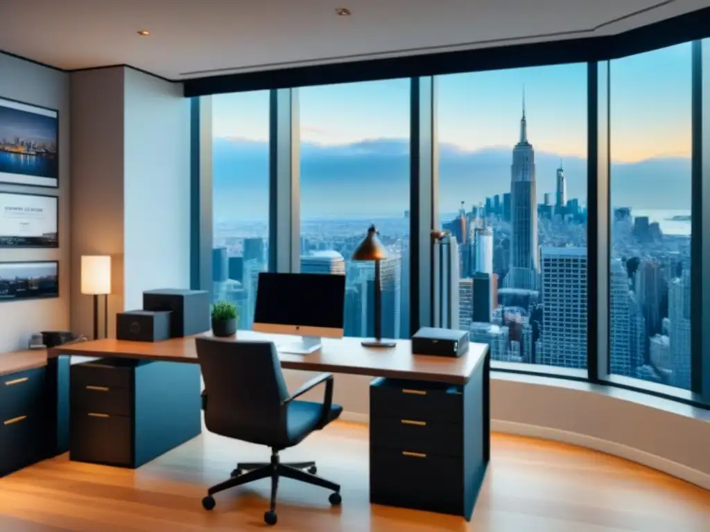 Oficina de lujo con vista a la ciudad: eficiencia en gestión inmobiliaria Oficina moderna de lujo con vista a la ciudad y escritorio de gestión de propiedades inmobiliarias
