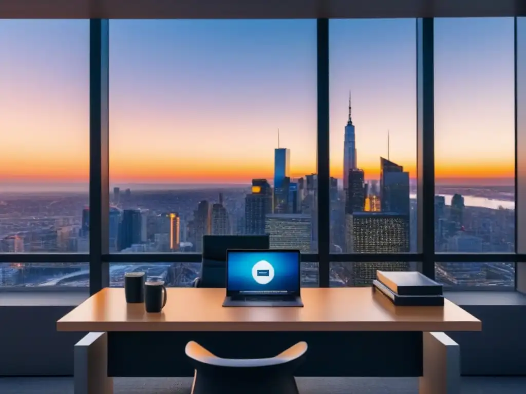 Oficina de lujo con vista a la ciudad: éxito y planificación financiera Oficina moderna de lujo con vista a la ciudad, escritorio elegante con laptop, documentos financieros y café