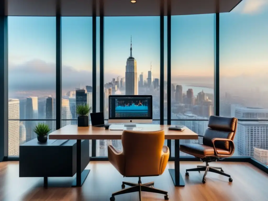 Oficina moderna de lujo con vista a la ciudad: inversión inmobiliaria Oficina moderna de lujo con vista a la ciudad, escritorio elegante con gráfico financiero en laptop y cita motivacional enmarcada