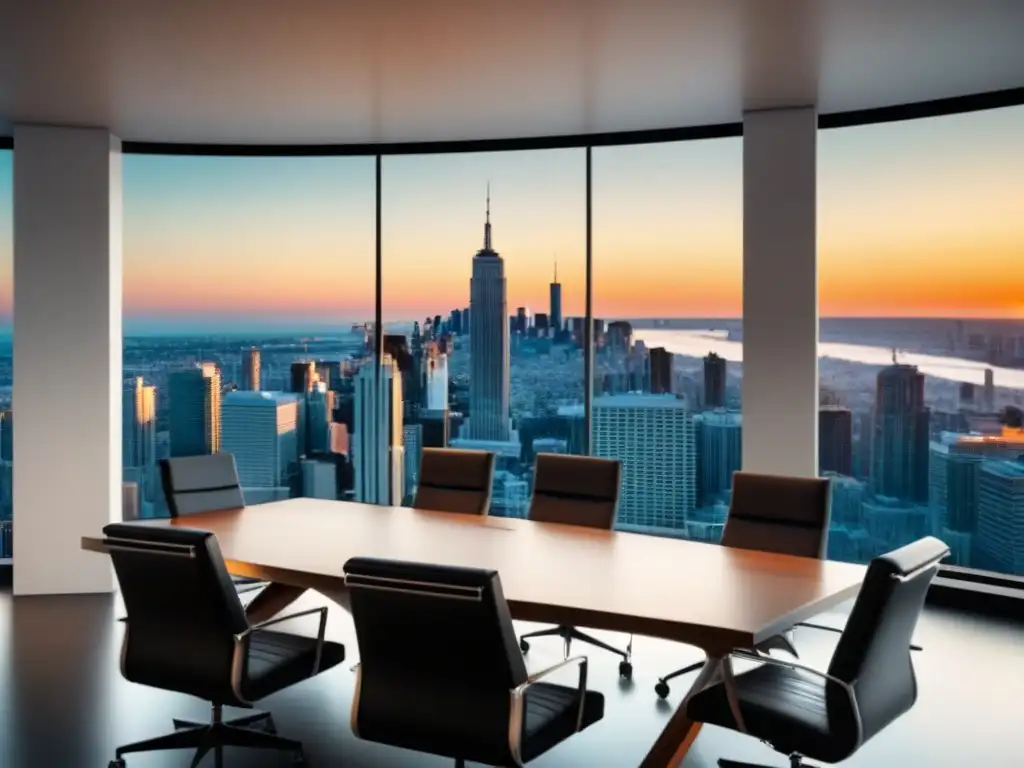 Oficina ejecutiva de lujo con vista panorámica al atardecer Oficina moderna de lujo con vista panorámica de la ciudad al atardecer, mesa de reuniones y arte abstracto