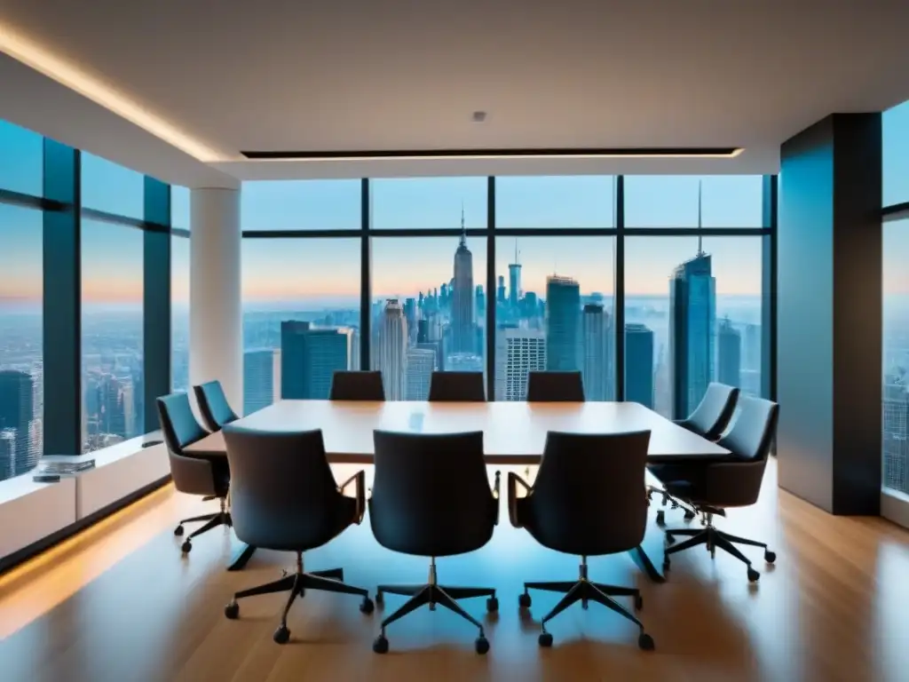 Oficina ejecutiva de lujo con vista a la ciudad y gráficos de inversiones Oficina moderna de lujo con vista a la ciudad, mesa de conferencias elegante y gráficos de inversión
