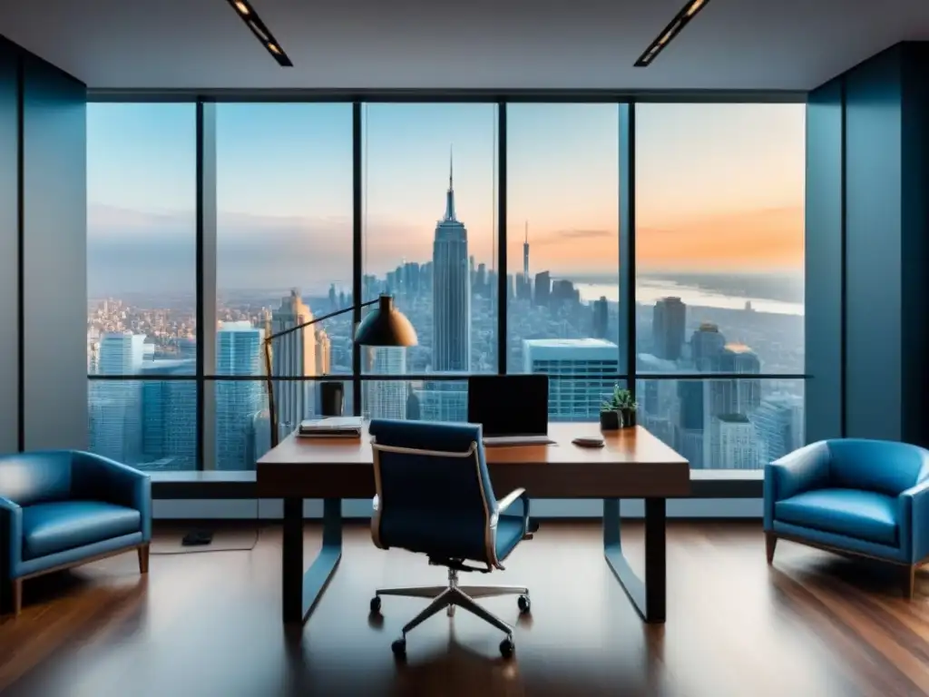 Oficina moderna de lujo con vista a la ciudad y elegante decoración Oficina moderna de lujo con vista a la ciudad, escritorio elegante, documentos financieros y calculadora