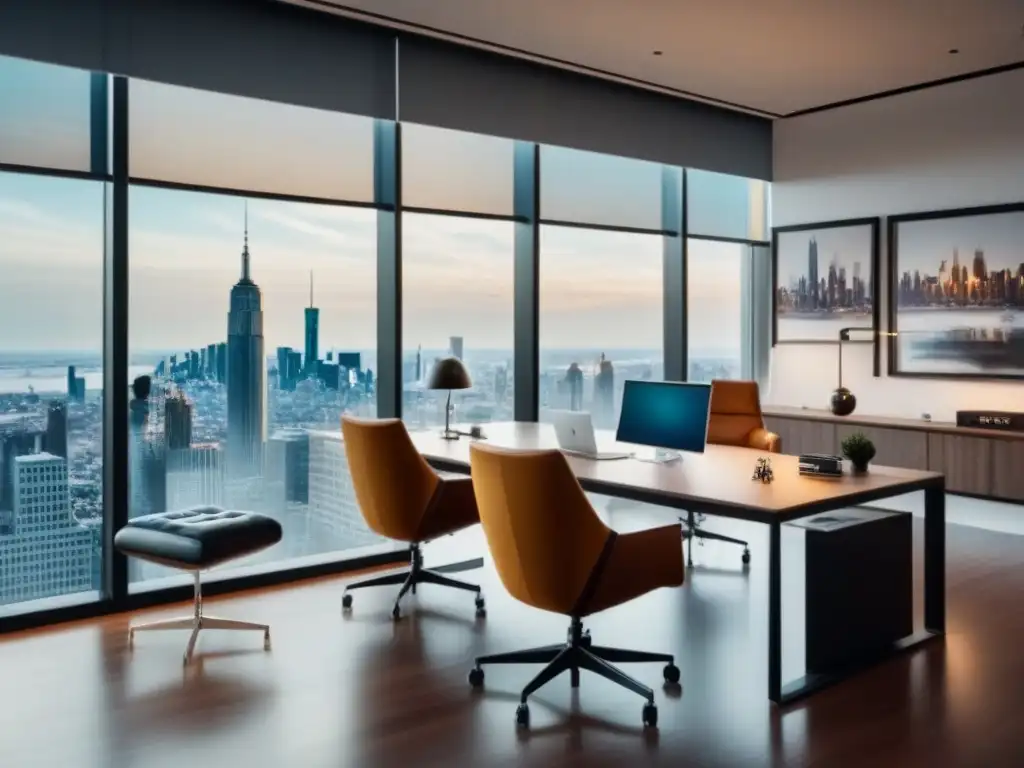 Oficina moderna de lujo con vista panorámica a la ciudad Oficina moderna de lujo con vista a la ciudad, muebles elegantes y ambiente profesional