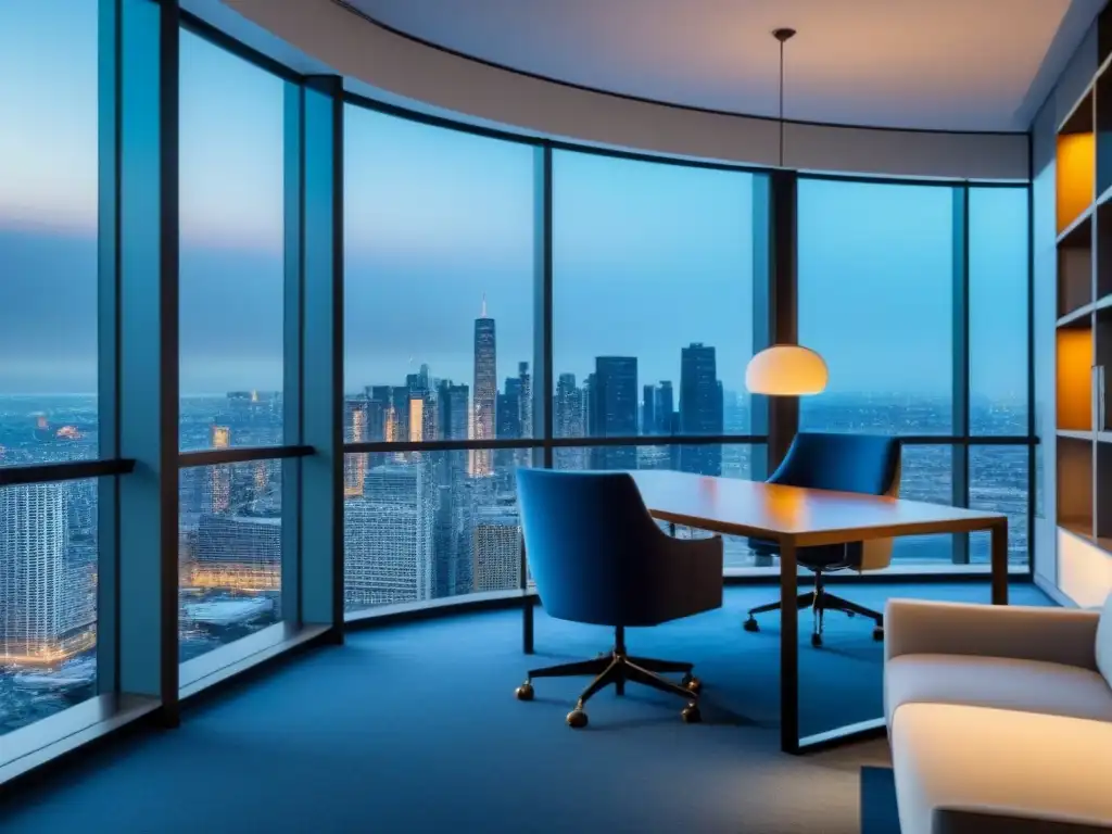 Oficina moderna de lujo con vista a la ciudad: negocios inmobiliarios Oficina moderna de lujo con vista a la ciudad, muebles elegantes y tecnología avanzada