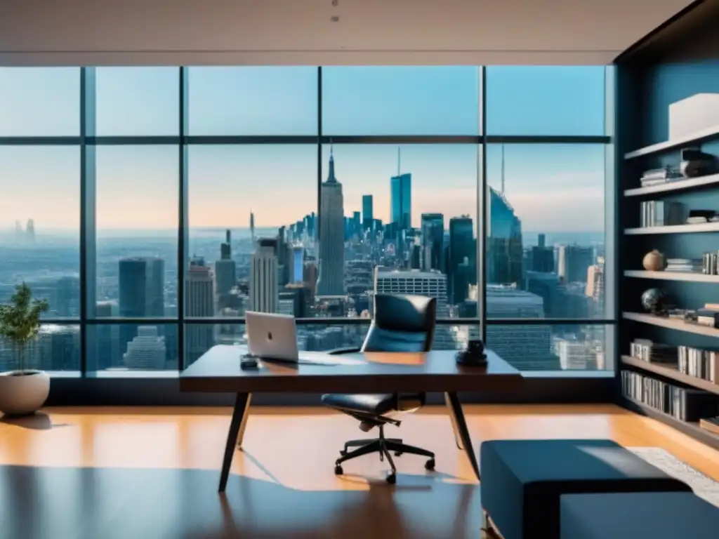Oficina moderna de lujo con vistas a la ciudad para inversores Oficina moderna de lujo con vista a la ciudad, muebles minimalistas y gráficos financieros en la computadora