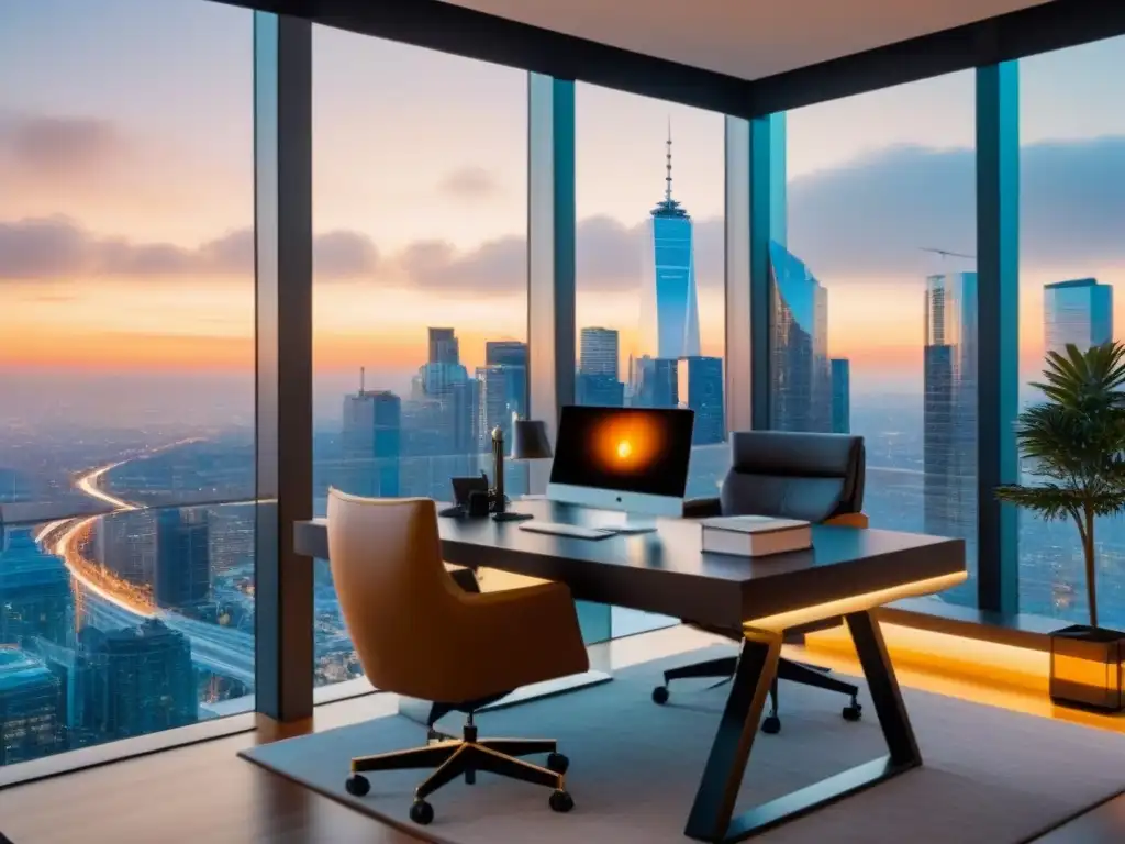 Oficina moderna de lujo con vista a la ciudad al atardecer Oficina moderna de lujo con vista a la ciudad al atardecer, ideal para inversores inmobiliarios buscando seguridad datos
