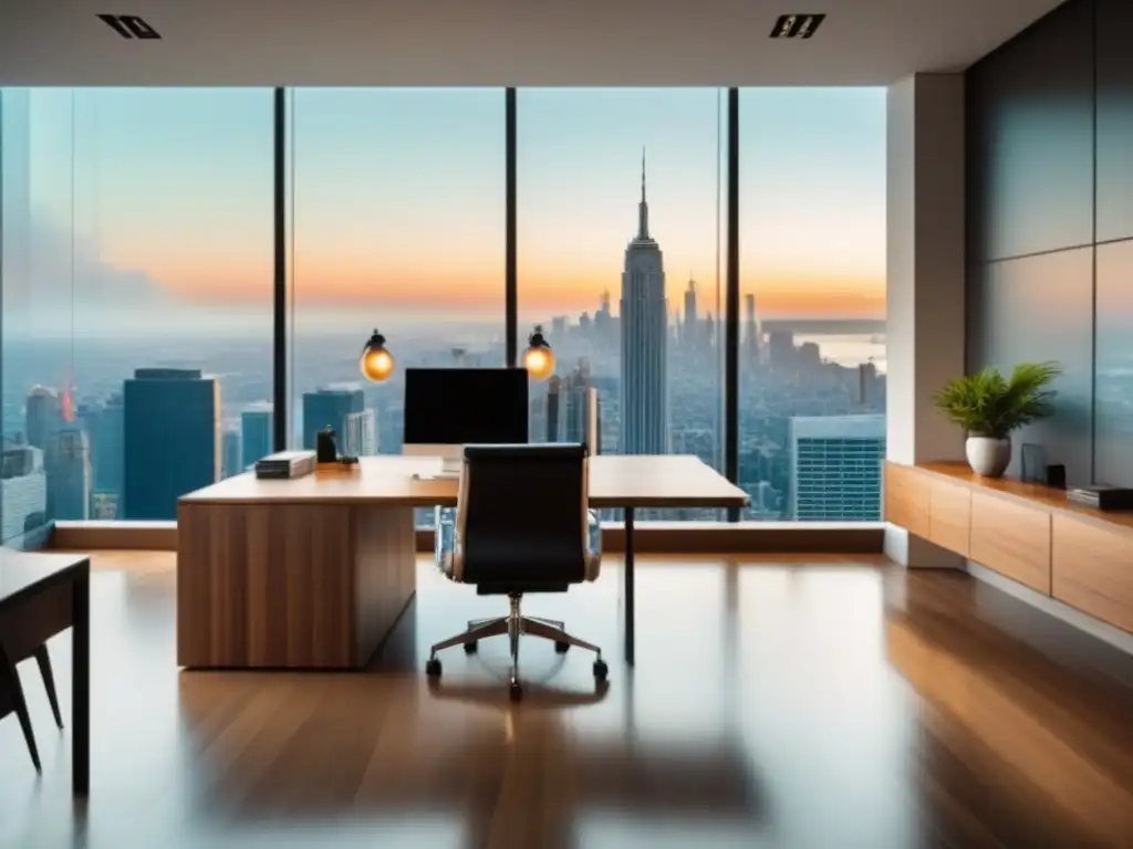 Oficina moderna de lujo con vistas panorámicas y diseño minimalista Oficina moderna de lujo con vista a la ciudad, ideal para invertir en bienes raíces extranjeros