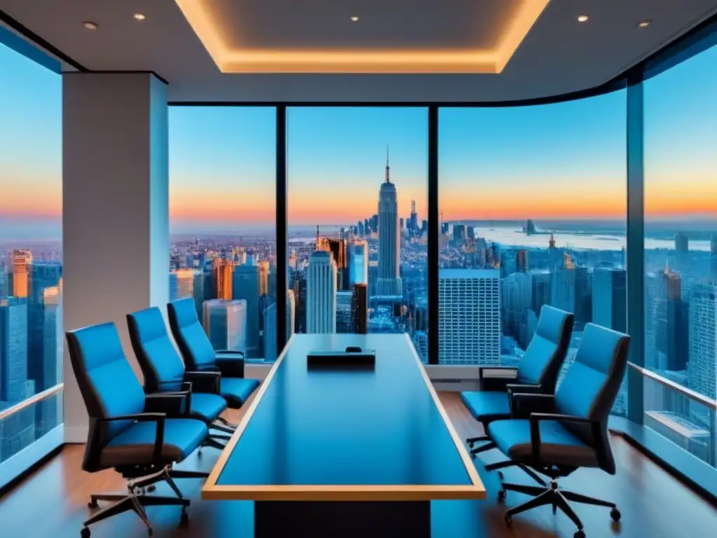 Oficina de lujo con vista panorámica y tecnología de punta Oficina moderna de lujo con vista panorámica a la ciudad, mobiliario elegante y tecnología avanzada