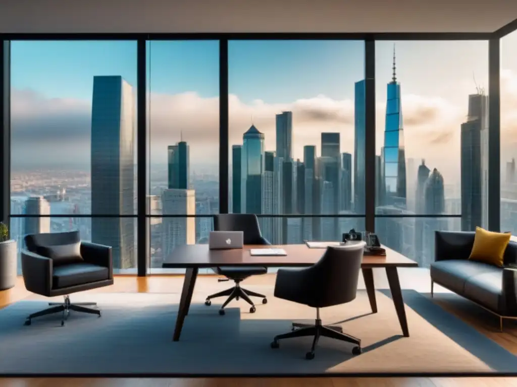 Oficina de lujo con transparencia financiera en la ciudad Oficina moderna de lujo con vista a la ciudad, mobiliario elegante y tablero de cristal con gráficos financieros