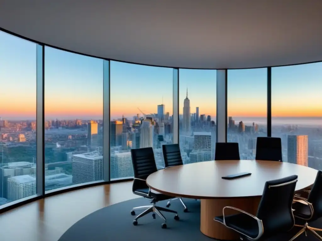 Oficina de lujo con vista panorámica urbana Oficina moderna de lujo con vista a la ciudad, muebles minimalistas y tecnología avanzada