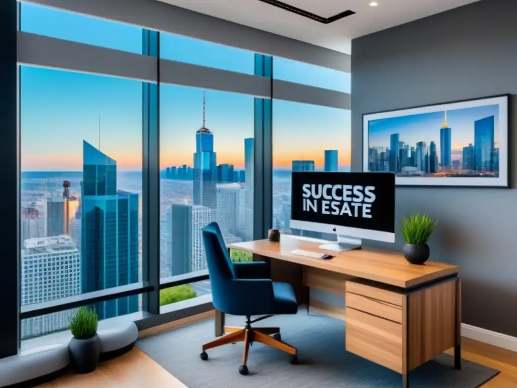 Oficina de lujo con vista urbana y motivación inmobiliaria Oficina moderna de lujo con vista a la ciudad, muebles contemporáneos y cartel motivacional 'Claves éxito financiamiento inmobiliario'