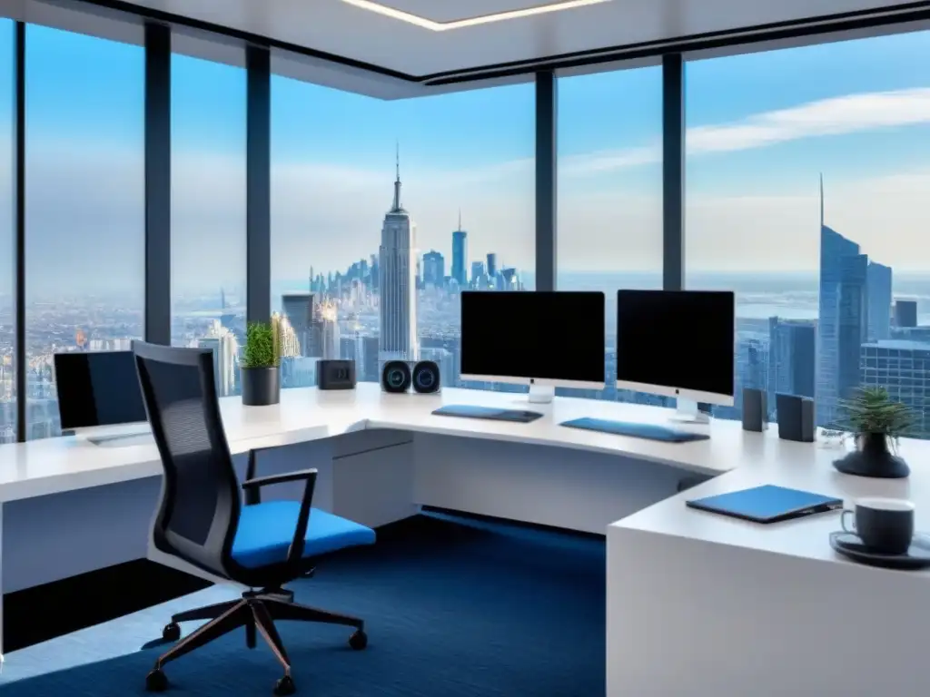 Oficina de lujo con tecnología avanzada y vistas urbanas Oficina moderna y lujosa con aplicaciones inmobiliarias avanzadas gestionando recursos