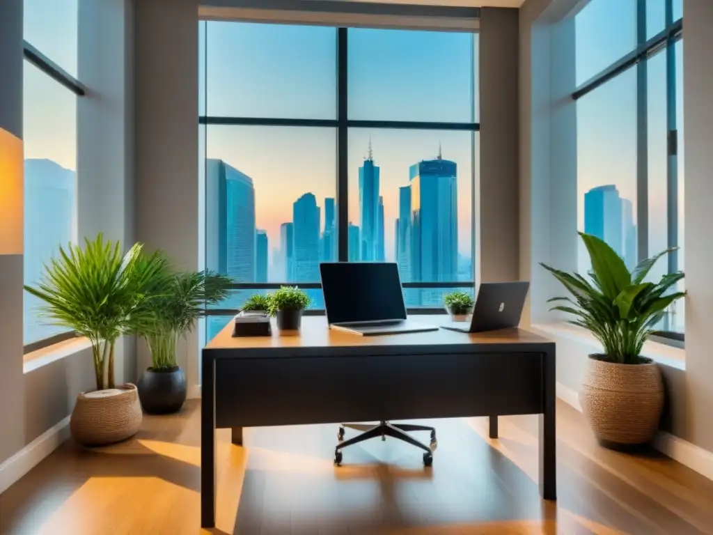 Oficina moderna de lujo con documentos legales y transacción inmobiliaria Una oficina moderna y lujosa con documentos legales y una interfaz de transacción inmobiliaria en la laptop