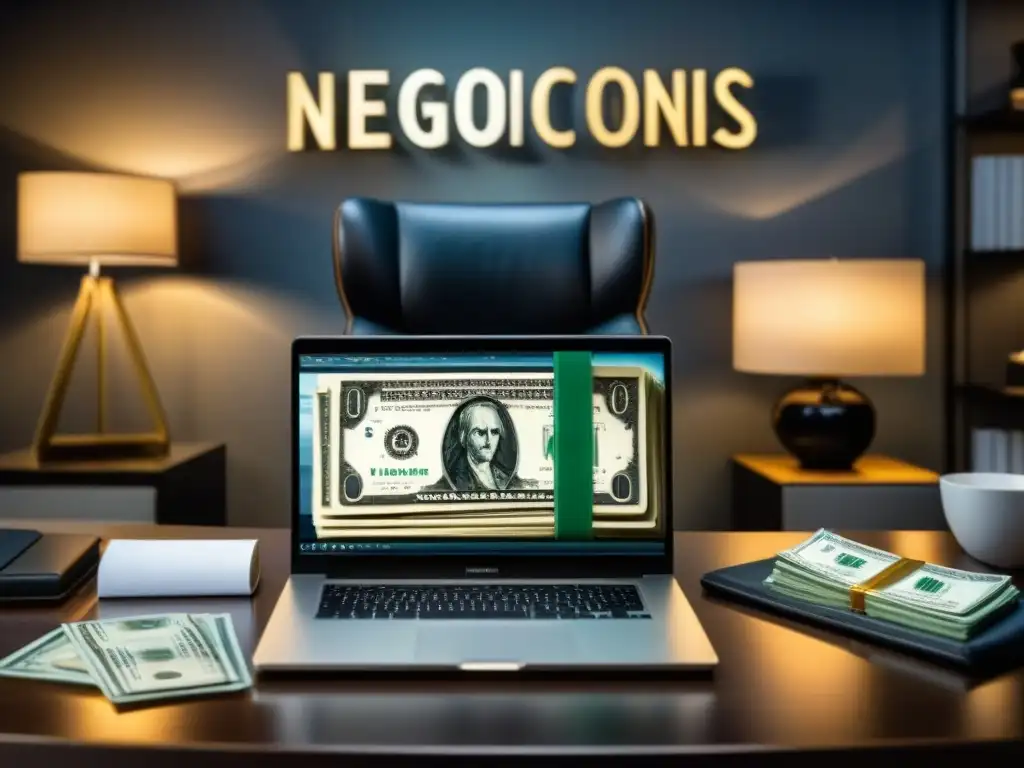 Oficina de lujo: Negociaciones Exitosas Oficina moderna y lujosa con escritorio de vidrio, silla de cuero, laptop con gráficos financieros, dinero apilado y placa 'Negociaciones Exitosas'