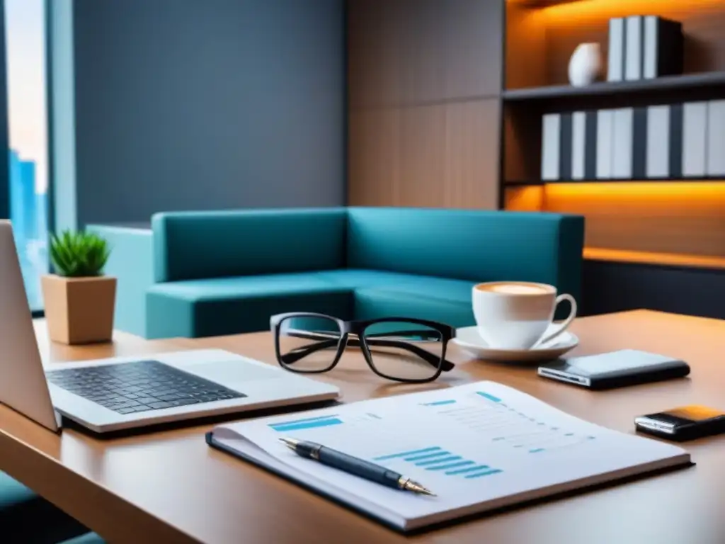 Oficina moderna para planificación financiera estratégica Oficina moderna y lujosa con laptop mostrando gráficos financieros, café, pluma y gafas elegantes, ideal para planificación financiera estratégica