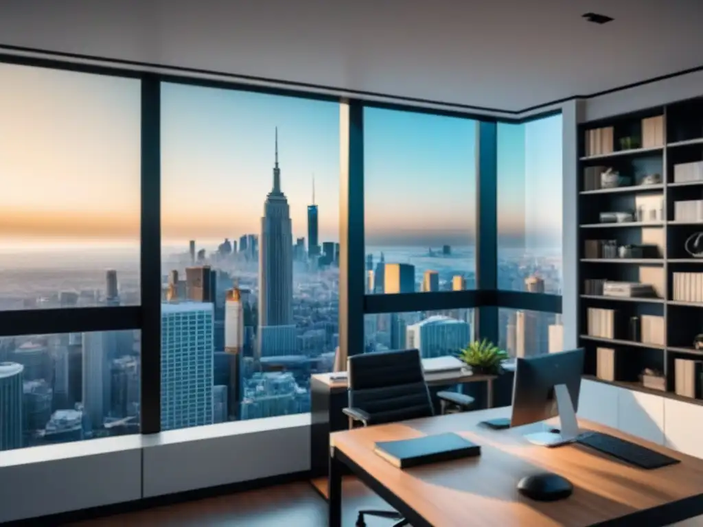 Oficina moderna de lujo con vista a la ciudad y ambiente profesional Oficina moderna y lujosa con muebles elegantes, escritorio con gráficos financieros y libros de bienes raíces, ventana panorámica a la ciudad