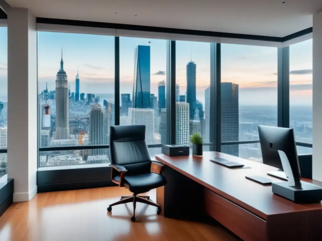 Oficina de lujo con vista a la ciudad: éxito en el sector inmobiliario Oficina moderna lujosa con paredes de cristal, escritorio de caoba y vista urbana