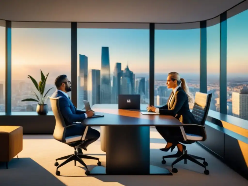 Inversión inmobiliaria exitosa en oficina moderna de lujo Una oficina moderna y lujosa con profesionales diversos en una reunión productiva, reflejo de exitosas inversiones en crowdfunding inmobiliario