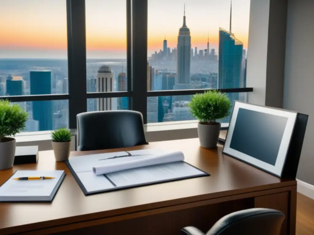 Oficina de tasación inmobiliaria: certificación y profesionalismo Oficina moderna y lujosa de tasador inmobiliario con certificación, libros, bolígrafo y premio enmarcado