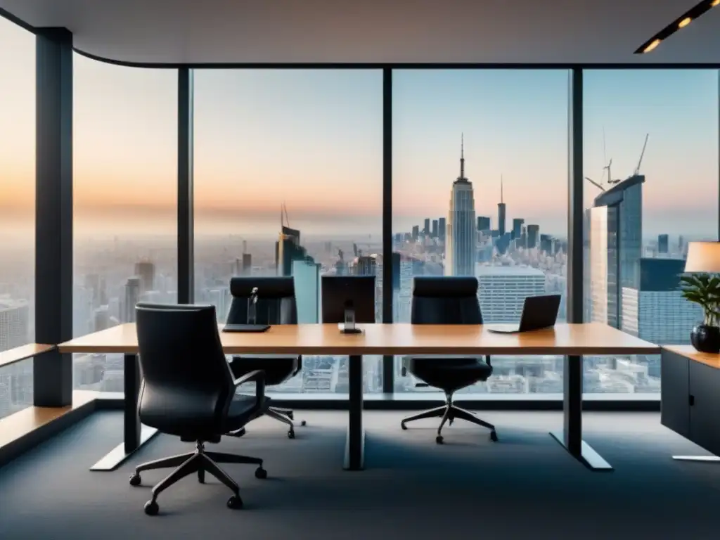 Oficina de lujo con vista panorámica en la ciudad Una oficina moderna y lujosa con ventanales de piso a techo con vista a la bulliciosa ciudad