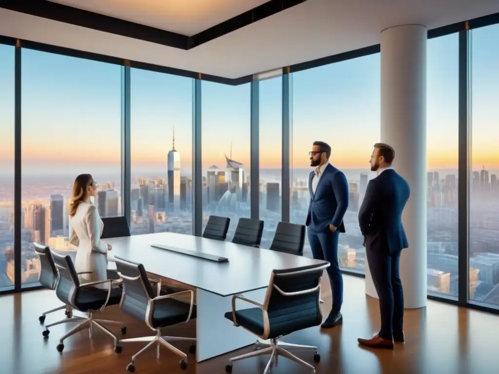 Oficina de lujo con vista a la ciudad: negociación transparente y honesta Una oficina moderna y lujosa con ventanales al skyline urbano