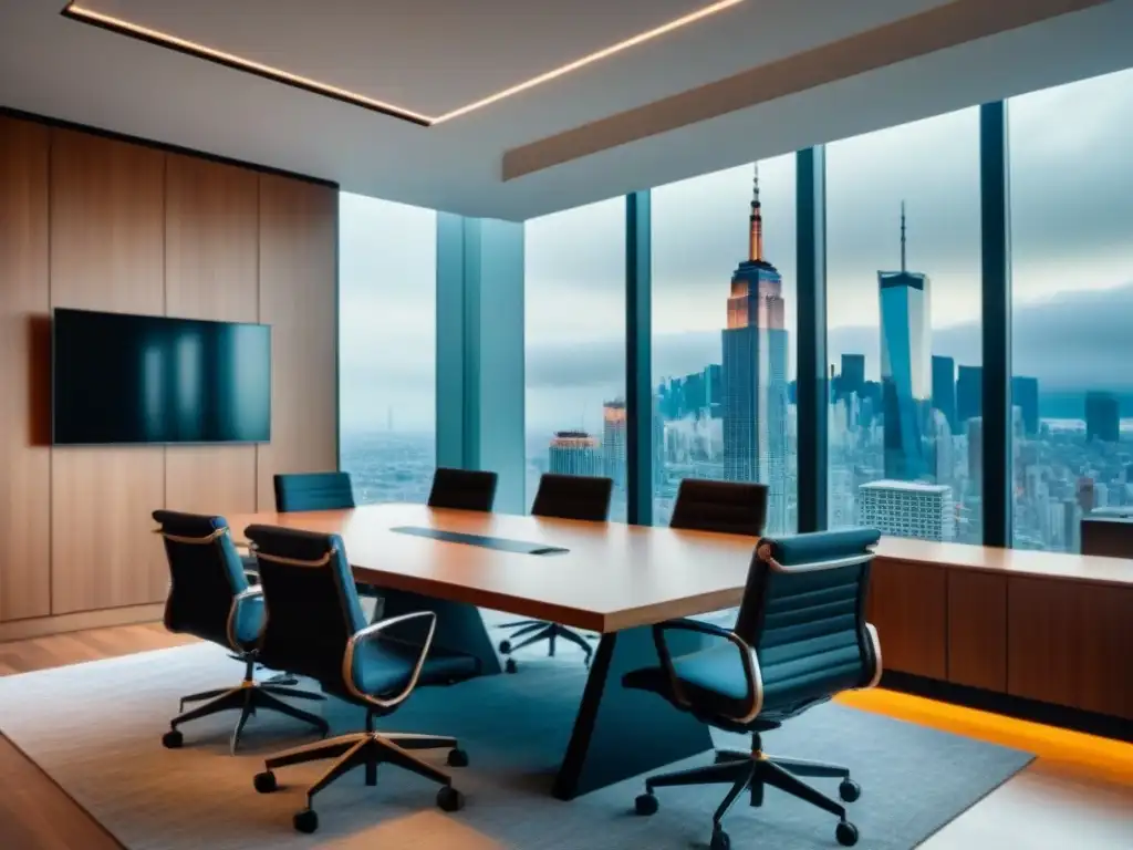 Oficina moderna de lujo con vista a la ciudad y gráficos financieros en tiempo real Oficina moderna y lujosa con vista a la ciudad, ideal para Transparencia en inversiones inmobiliarias