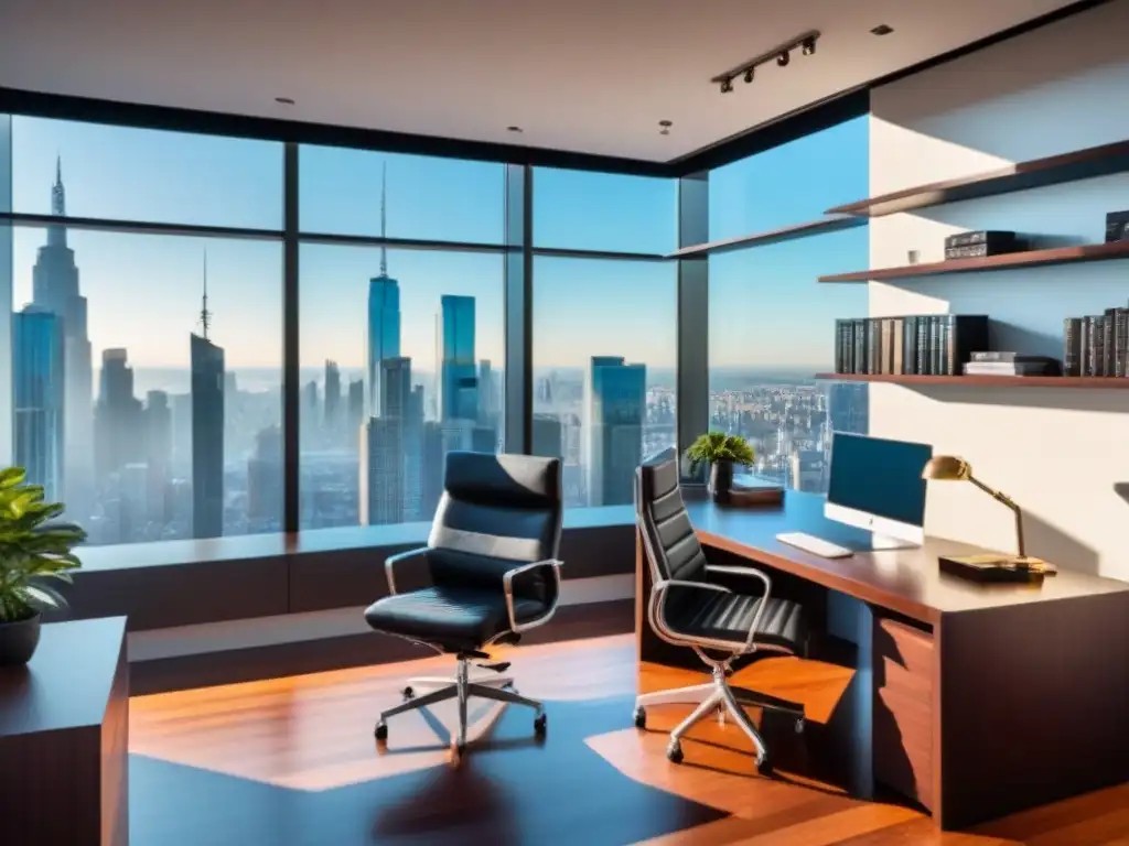 Oficina de lujo con vista a la ciudad: moderna y elegante Oficina moderna y lujosa con vista a la ciudad, mobiliario elegante y libros sobre finanzas