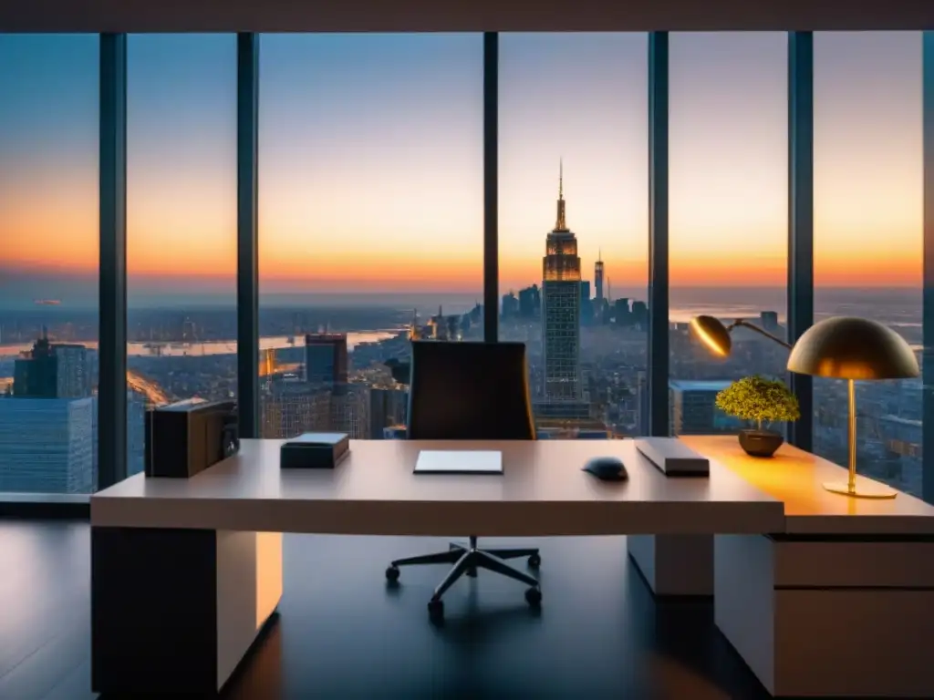 Oficina de lujo con vista a la ciudad al atardecer Oficina moderna y lujosa con vista a la ciudad al atardecer, ideal para combatir impuestos elevados propiedad