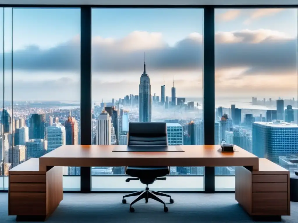 Oficina de lujo con vista a la ciudad y mobiliario elegante Oficina moderna y lujosa con vista a la ciudad, ideal para servicio financiero en proyecto inmobiliario