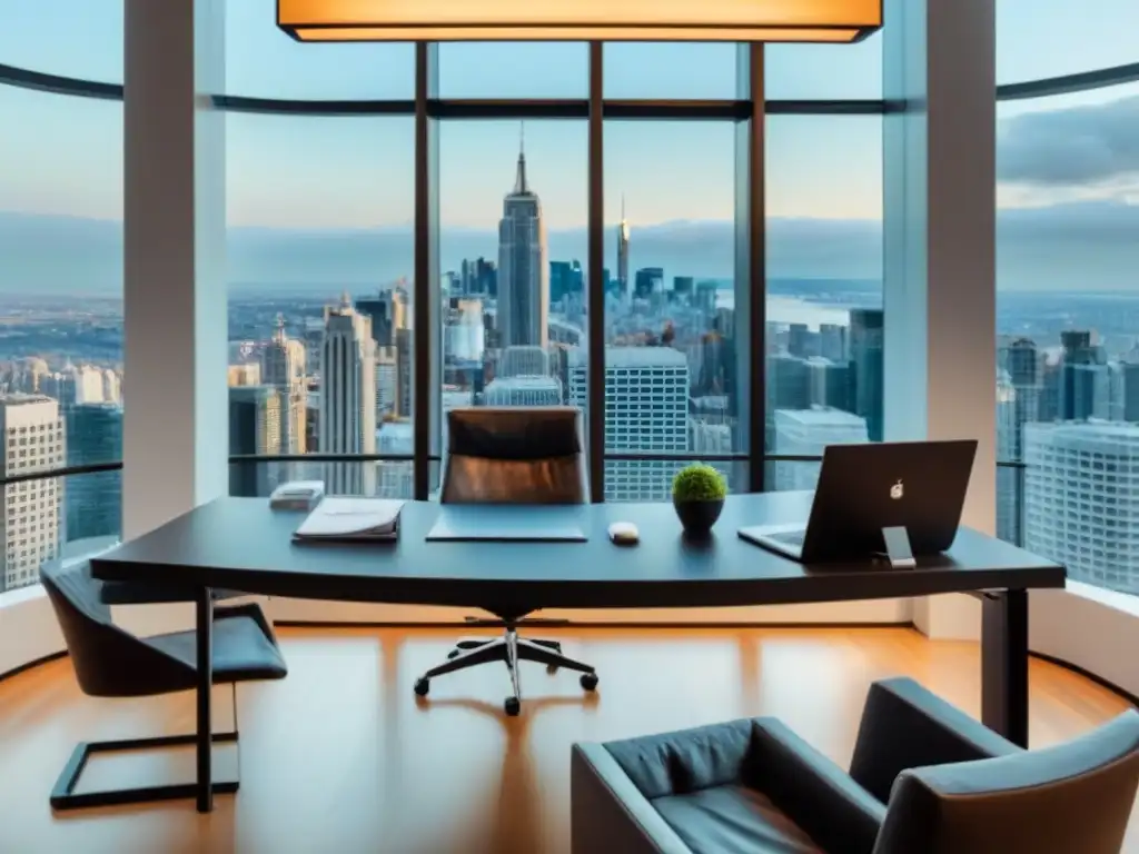Oficina de lujo con vista a la ciudad: éxito en seguros e inmobiliaria Oficina moderna y lujosa con vista a la ciudad, escritorio con gráficos financieros y documentos de seguros para éxito inmobiliario