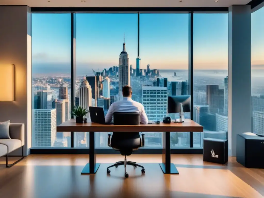Oficina de lujo con vista a la ciudad y ganancias en el sector inmobiliario Oficina moderna y lujosa con vista a la ciudad y gráficos de comisiones afiliados préstamos inmobiliarios