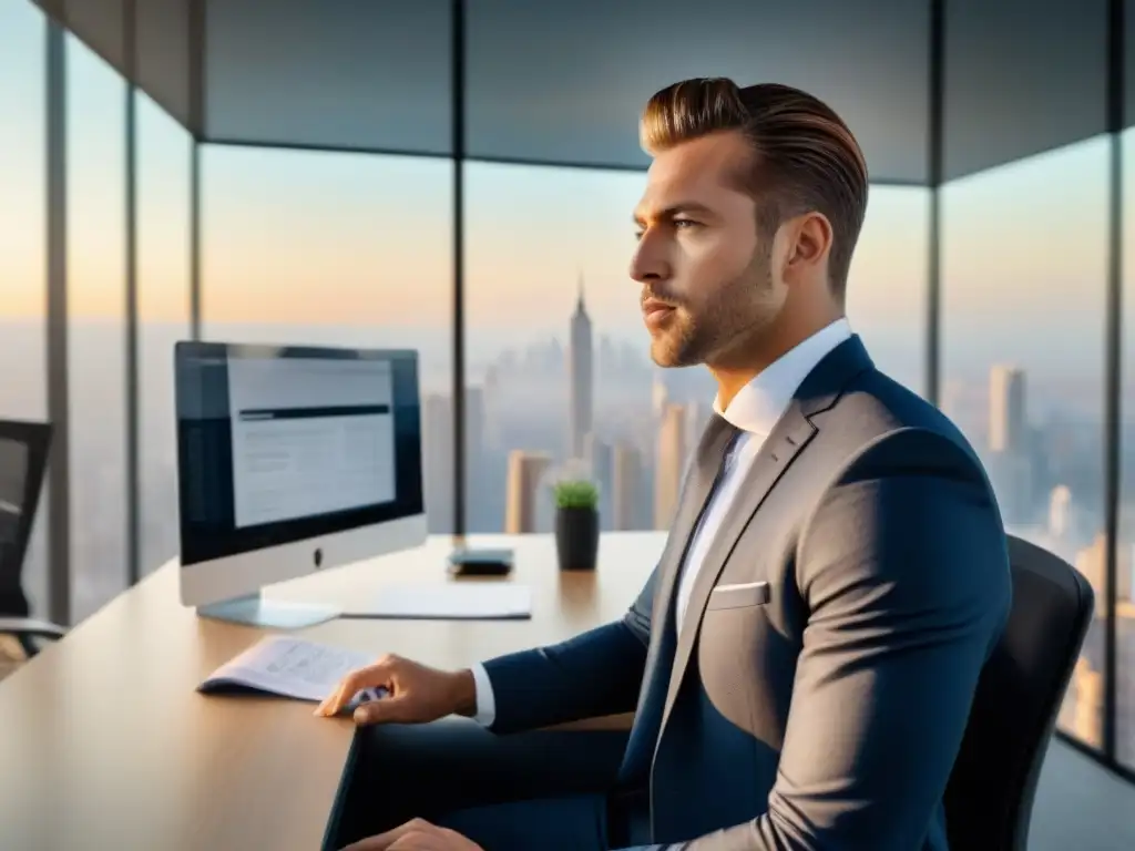 Oficina moderna de lujo: transparencia en finanzas inmobiliarias Oficina moderna y lujosa con vista a la ciudad, enfocada en ética en financiamiento inmobiliario