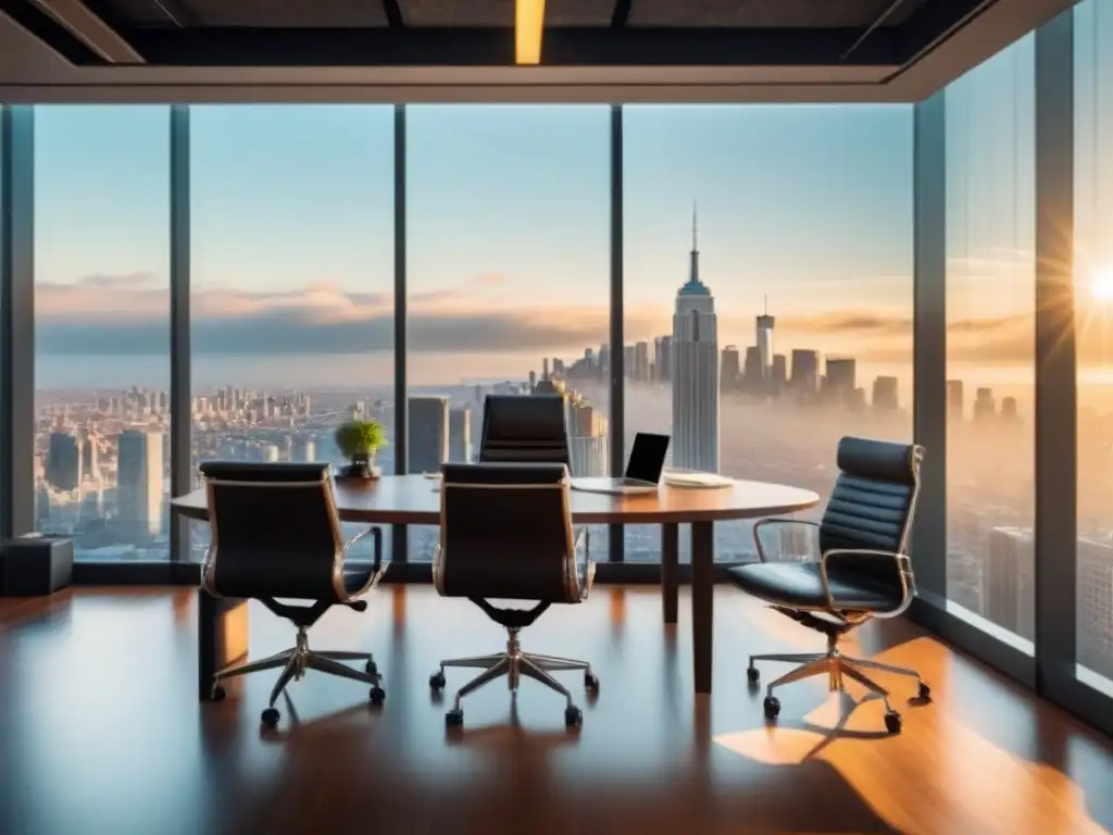 Oficina moderna de lujo con vista urbana y elegante mobiliario Oficina moderna y lujosa con vista a la ciudad, muebles elegantes y documentos financieros organizados