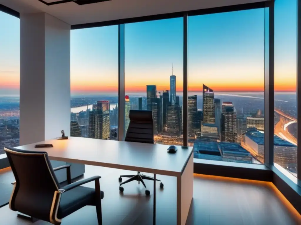 Oficina moderna de lujo con vista panorámica a la ciudad Oficina moderna y lujosa con vista a la ciudad y equipo informático