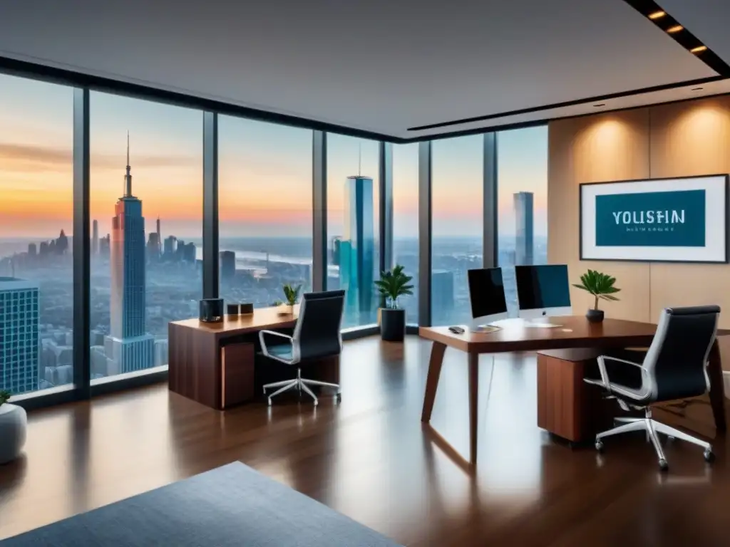 Oficina moderna de lujo con vista a la ciudad para inversores éticos Oficina moderna y lujosa con vista a la ciudad, amueblada elegantemente