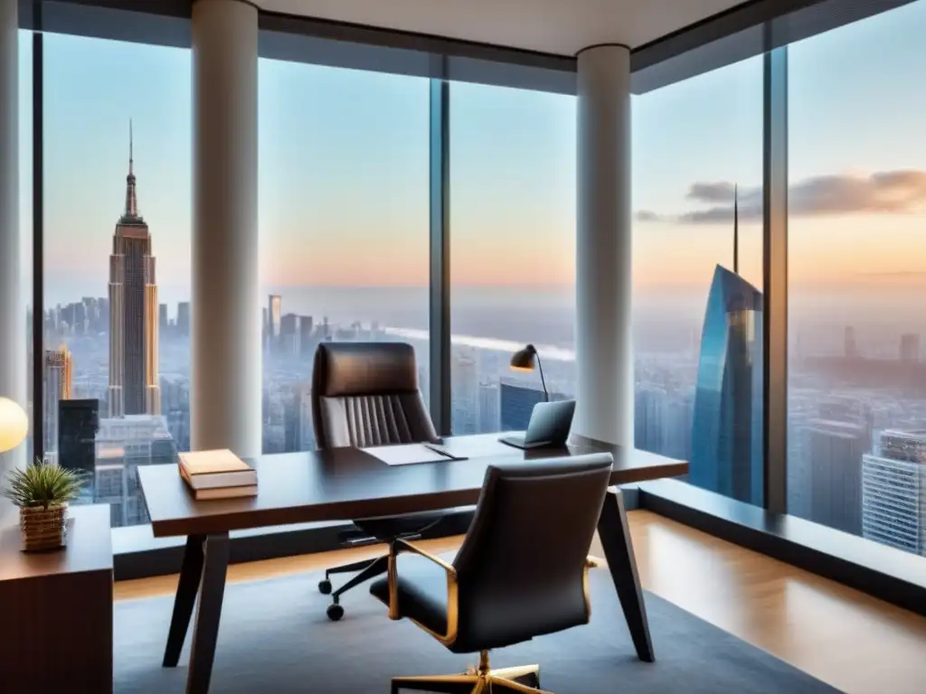 Oficina de lujo con vista panorámica a la ciudad Oficina moderna y lujosa con vista panorámica a la ciudad, muebles elegantes y documentos legales enmarcados