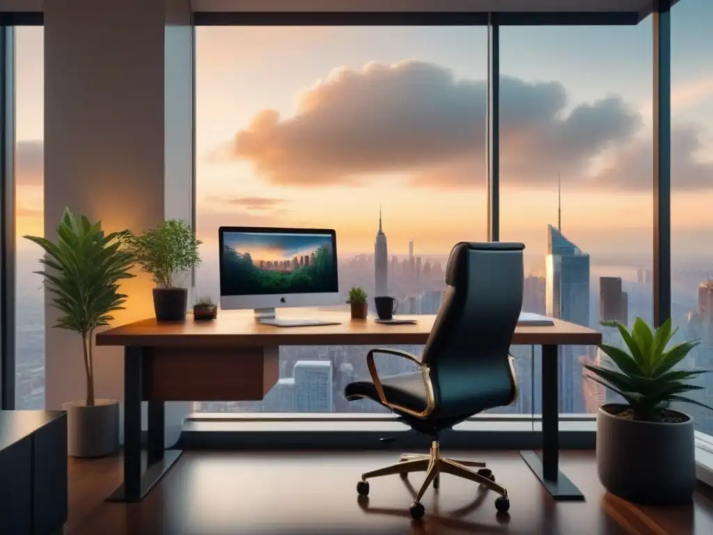 Oficina moderna de lujo: productividad y calma al atardecer Oficina moderna y lujosa con vista a la ciudad al atardecer, ideal para tomar consejos créditos inmobiliarios incertidumbre