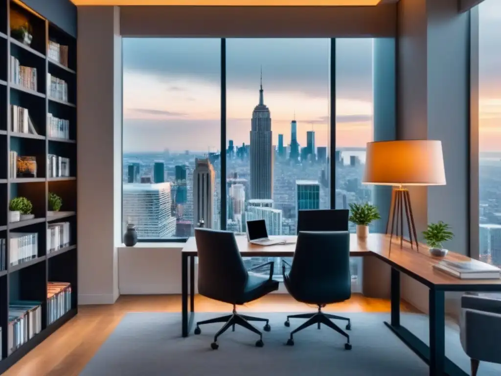 Oficina moderna de lujo con vista a la ciudad Oficina moderna y lujosa con vista a la ciudad y mobiliario elegante