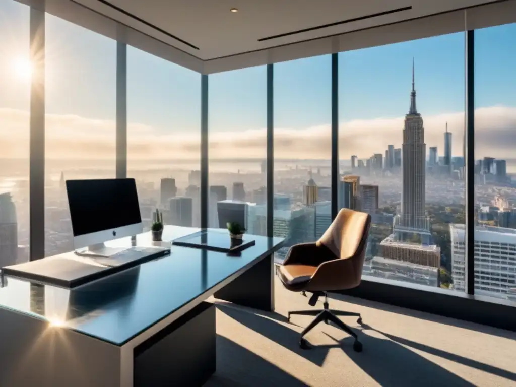 Oficina moderna de lujo con vista a la ciudad para planificar inversiones inmobiliarias Oficina moderna y lujosa con vista a la ciudad, escritorio de vidrio, libros de inversión inmobiliaria