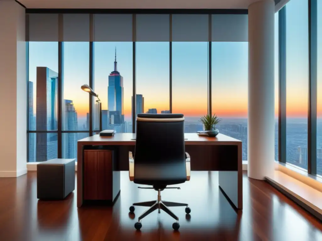 Oficina moderna de lujo con vista panorámica y elegante mobiliario Oficina moderna y lujosa con vistas a la ciudad, ideal para consultoría fiscal de activos inmobiliarios internacionales