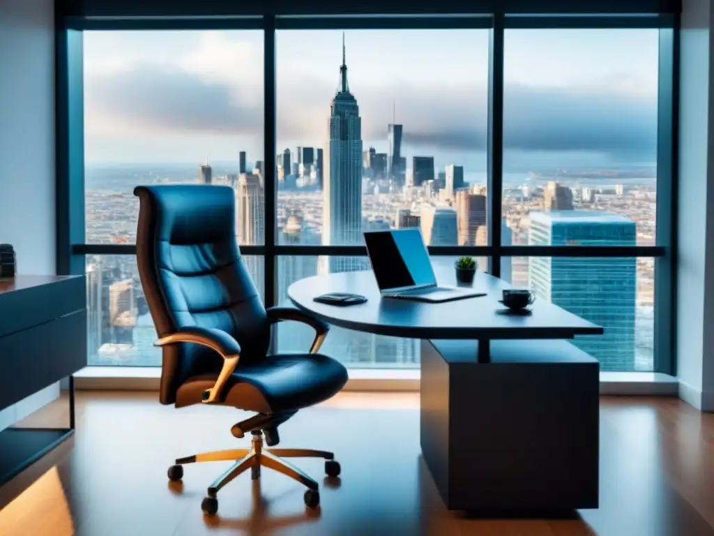 Oficina de lujo con vistas a la ciudad para asesoría fiscal especializada Oficina moderna y lujosa con vistas a la ciudad, un escritorio de vidrio elegante y libros de leyes y fiscalidad