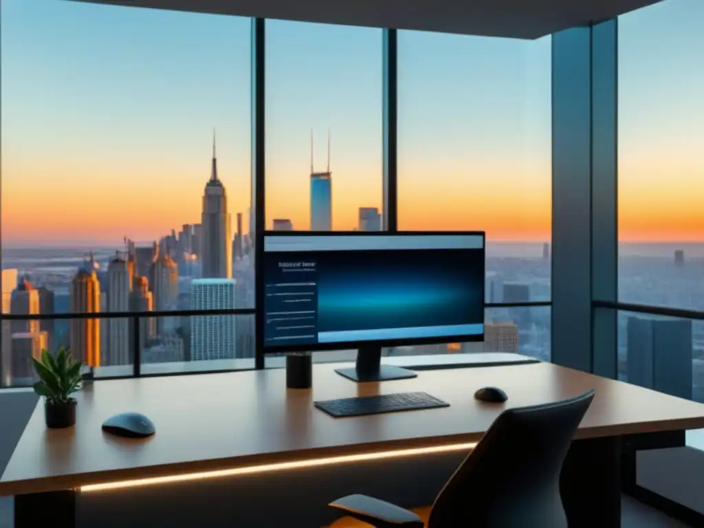 Oficina de lujo: gestión inmobiliaria eficiente en la ciudad Oficina moderna con las mejores aplicaciones de gestión inmobiliaria en lujoso apartamento con vistas urbanas al atardecer