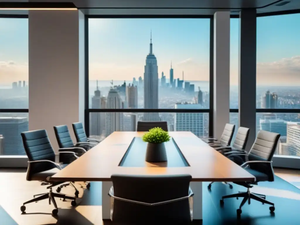 Oficina moderna para charlas de inversión inmobiliaria Oficina moderna con mesa de conferencias, sillas ergonómicas, pantalla digital y vista a la ciudad