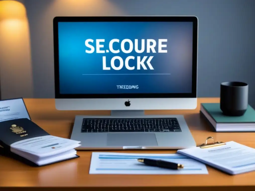 Oficina moderna con documentos legales y laptop seguro Oficina moderna y organizada con documentos legales de transacciones inmobiliarias, pasaporte y llaves, luz natural
